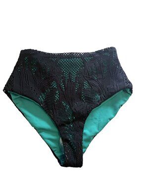 NEW Mara Hoffman High-Waist Bikini Bottom Black Green Lace Size S [jb]